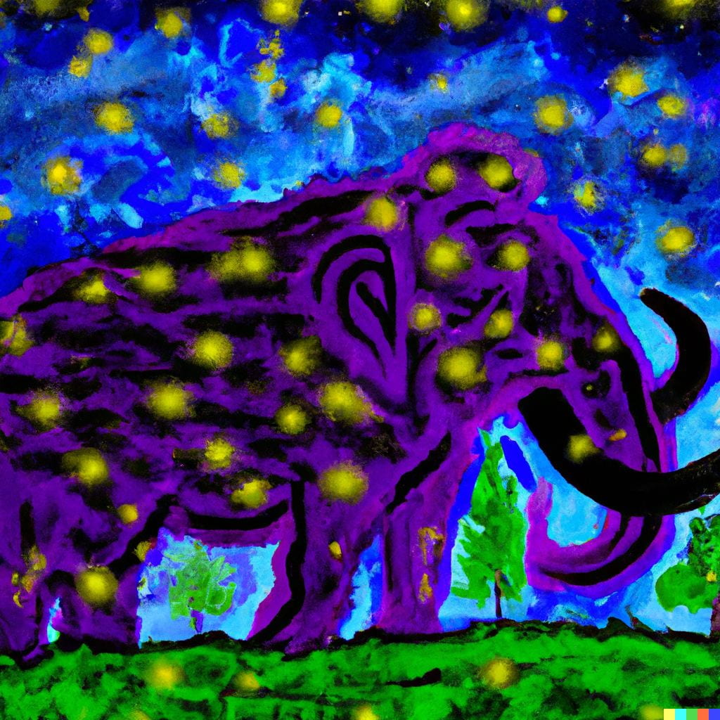 image created by DALL-E using terms purple mammoth in style of starry night, showing a Van Gogh like depiction of a mammoth