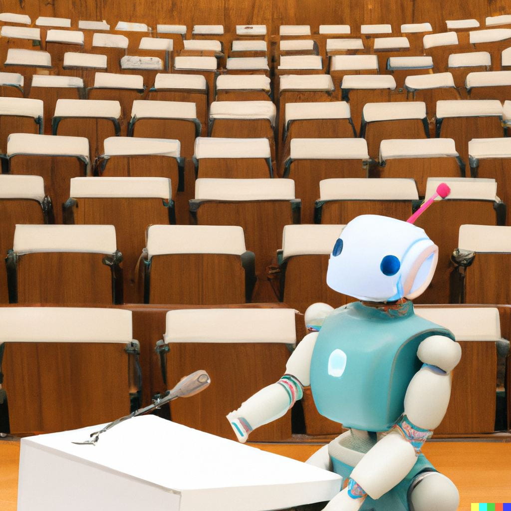 image created by DALL-E of a robot at the podium in a lecture hall