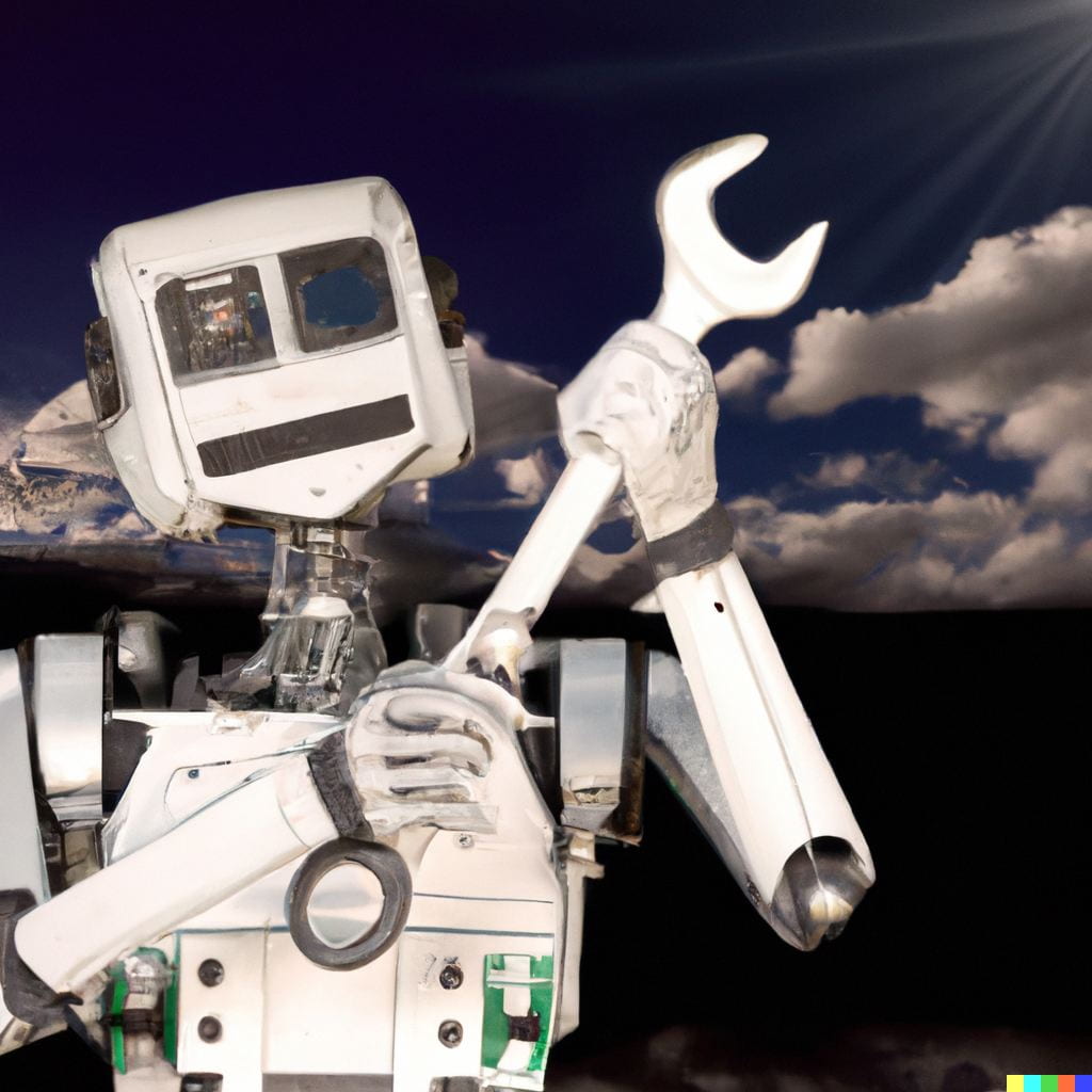 image created by DALL-E of a robot holding a wrench