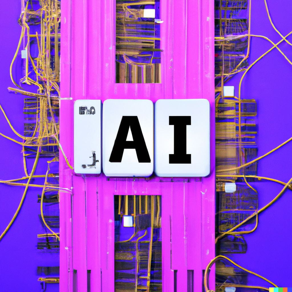 image created by DALL-E of the letters AI against a background suggesting a computer network