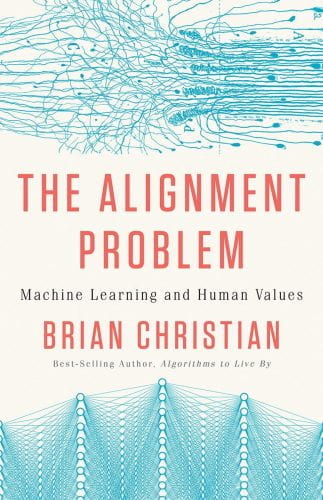 white cover with blue squiggles and red text saying "the alignment problem"